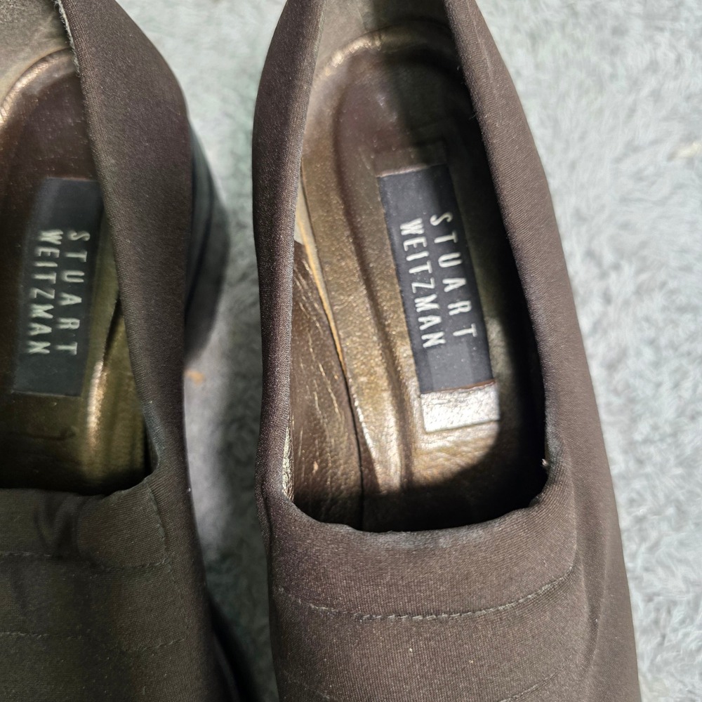 Stuart Weitzman Wedge Loafers Brown Stretch Square Toe Womens 7.5‎ Excellent - Picture 3 of 8
